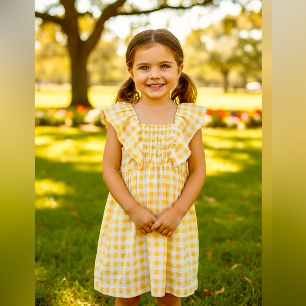 ZARA KIDS Dress Toddler Girl’s 4-5 YELLOW WHITE LINEN CHECKED GINGHAM RUFFLE 110